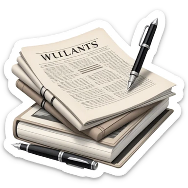 Create an emoji representing journalism and publicistic writing. The design should feature a stack of newspapers, an open notebook, and a single classic fountain pen placed on top of the notebook, symbolizing the act of writing. The scene should convey a sense of professionalism and thoughtful analysis. Use a neutral and professional color palette, with black, white, and muted tones. Do not include any emojis or smiley faces. Make the background transparent. sticker