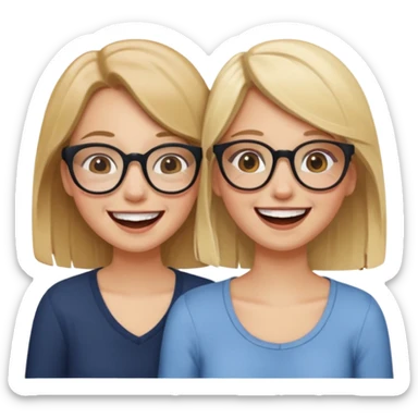 two girls laughing and having fun. one is blonde without glasses, another one is brown haired with glasses. they are supportive and cute sticker