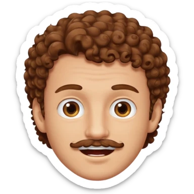 a cute white man with brown curly hair up top brown eyes a brown mustache and a tooth gap  sticker