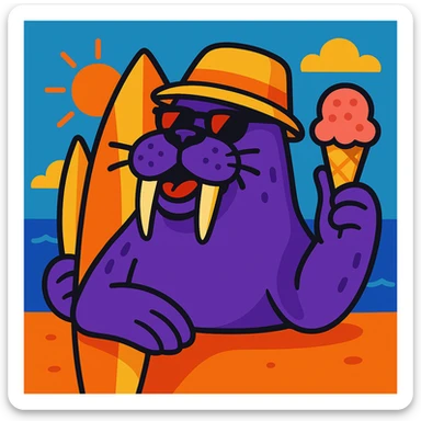 Add a surfboard to the purple walrus enjoying summer and holding an ice cream, keep the fun illustration style. sticker