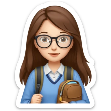 brown long hair woman, going to university wearing a glass, looks pretty no backpack just cure bag  sticker