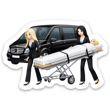 Two woman with long hair. One has black hair and one is blond. They have black pants suits on. And they are pushing a funeral stretcher in to a black Mercedes Vito funeral car. On the stretcher is a body covered in white sheets sticker