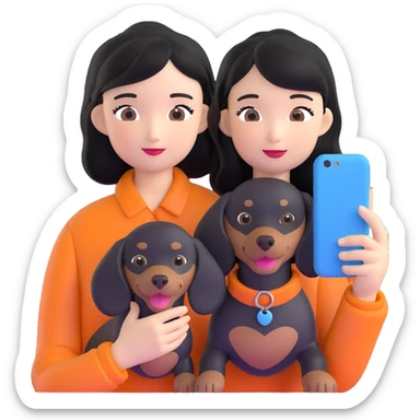black hair asian girl taking selfie with black dachshund sticker