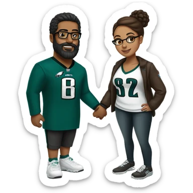 Brown guy with beard mustache and brown girl with glasses and her hair in a bun in Philadelphia eagles clothes holding hands sticker