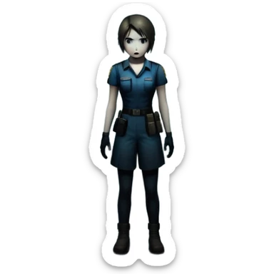 An icon featuring a dark, eerie atmosphere with a spooky environment, inspired by horror games like Resident Evil. The design includes ominous lighting, creepy shadows, and a silhouette of a character in distress. Transparent background enhances the chilling vibe of the scene. sticker