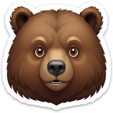 Cinematic Noble Grizzly Bear Portrait Emoji, Poised and regal, with a massive, powerful build and a thick, rugged deep brown fur, piercing deep-set soulful eyes, Simplified yet sharp and sophisticated features, highly detailed, glowing with a soft, dignified glow, high shine, intelligent and formidable, stylized with an air of untamed wilderness, focused and attentive, soft glowing outline, capturing the essence of a watchful and commanding guardian, so majestic it feels as though it could lumber out of the screen with effortless authority! sticker