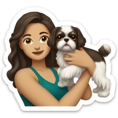 Young dark brunette medium kin hair woman with a golden shih tzu in her arms long wavy hair sticker
