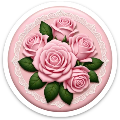 A round pink button with light cream damask lace and pink roses sticker