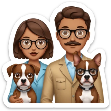 young hip fashionable cool couple wavy hair brunette man w wire glasses and mustache and brunette girl with bob and a brown pitbull boston terrier  sticker
