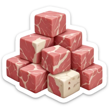 small pile of raw veal cubes, pale pink to light beige, smooth and moist, muscle grain and white marbling visible, arranged naturally, soft lighting, subtle shadows, no plate, no pot, no faces, transparent background, emoji scale sticker