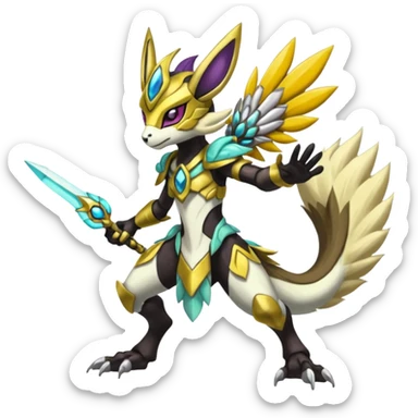 Colorful masked armored leathery scaly furry Meloetta-Manectric-Solgaleo-Raikou-Pokémon-Digimon-Fakémon-fusion-hybrid-creature sticker