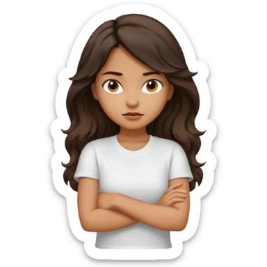 Tan girl dark long wavy hair crossing her arms with slight pout sticker