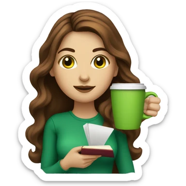 woman with long brown wavy hair, green eyes, holding a book and a coffee cup sticker