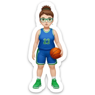 Full Body white plus size Girl with basketball spikey short brown HAIR wearing blue glasses with green eyes wearing blue and green basketball uniform PLAIN WITH GREEN SHOES sticker
