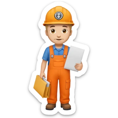 emoji style railway engineer full body in orange overalls, carrying one piece of paper in front of him sticker