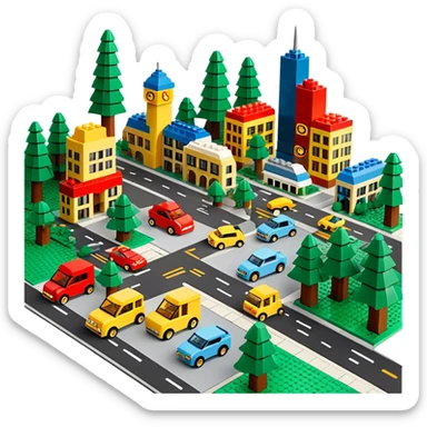 A photorealistic icon featuring a cityscape built from colorful LEGO bricks, with LEGO buildings, roads, cars, and trees. The design highlights the intricate details of the LEGO structures, capturing the creativity and fun of building with LEGO. Transparent background. sticker