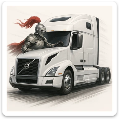 a knight driving a white 2022 Volvo semi sleeper truck, dynamic, modern, clean background sticker