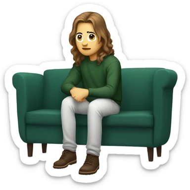 a web developer with long hair and a dark green sweatshirt sitting in a pose where the hand is on the knee forward and the second leg is under the booty , light-colored sofa , brown hair sticker