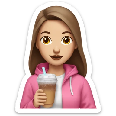 white girl with brown hair in a pink hoodie with iced coffee sticker