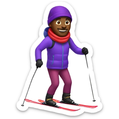 Man skiing with purple jacket and red hat sticker