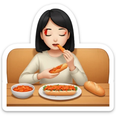 Girl black long hair eat kimchi close eyes baguette sticker