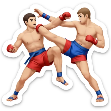 An icon symbolizing Sambo, featuring two fighters in blue and red kimonos with shorts and wrestling shoes. One executes a powerful throw, while the other attempts a defensive grab. The fighters are engaged in a grapple, using joint locks and sweeps.  sticker