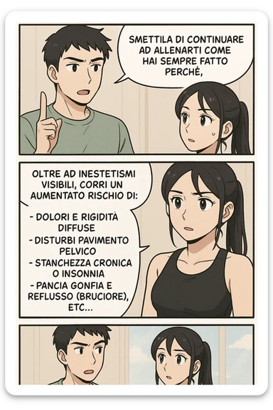 TRASFORMA QUESTO CAROSELLO IN UN FUMETTO STILE MANGA A COLORI CON QUESTE DUE PERSONE IDENTICHE CHE INTERLOQUISCONO TRA LORO:

LUI (UOMO): Smettila di continuare ad allenarti come hai sempre fatto perché, oltre ad inestetismi visibili, corri un aumentato rischio di:
    • dolori e rigidità diffuse
    • disturbi pavimento pelvico
    • stanchezza cronica o insonnia
    • pancia gonfia e reflusso (bruciore)
    • etc… sticker