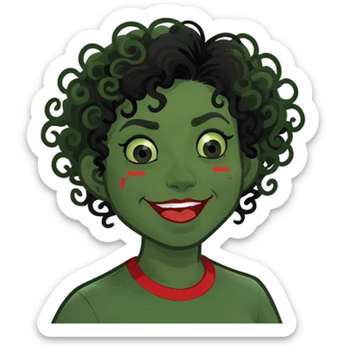 zombie girl with curly black hair and red streaks, memoji style, fun expression sticker