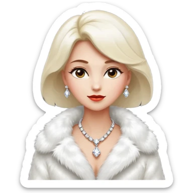 * Character: A stylish lady
* ﻿﻿Clothing: A luxurious white fur coat
* ﻿﻿Accessories: A dazzling diamond necklace
* ﻿﻿Expression: Confident, elegant, maybe slightly glamorous
* ﻿﻿Pose: Head slightly tilted or a poised posture
* ﻿﻿Style: Emoji-like, simple but expressive sticker