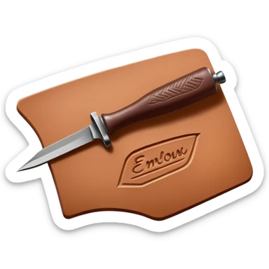 Leatherworking icon, piece of raw leather with started engraving, engraving tool or chisel, stamp or press, textured surface, minimalistic style, clean lines, transparent background. sticker