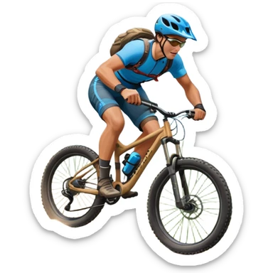 An icon featuring a mountain bike with thick tires on a rugged trail. A cyclist in a helmet rides downhill, kicking up dust. The background showcases a breathtaking mountain landscape with green slopes, rocky peaks, and a bright blue sky. Transparent background emphasizes adventure and speed sticker