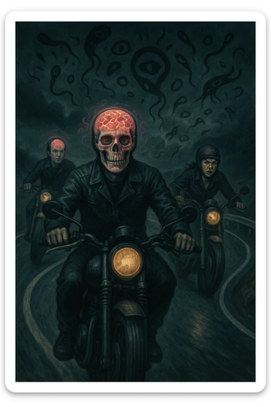 Gruppo di motociclisti su strada, volti impassibili o con espressioni rischiose e prive di paura, mentre affrontano curve pericolose. Atmosfera surreale, con ombre o simboli astratti che rappresentano la toxoplasmosi (come parassiti invisibili nel cervello). Effetti visivi sul cranio o sulla testa che mostrano come l’infezione alteri il senso del pericolo. Scene dinamiche ma inquietanti, cielo scuro e simbolismo neurologico. sticker