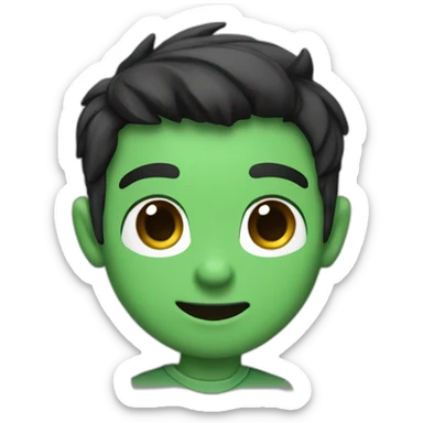 An imp with black hair and brown eyes and a smile in a green shirt with a white T-shirt and with dark brown horns on his head that turn blue at the ends sticker