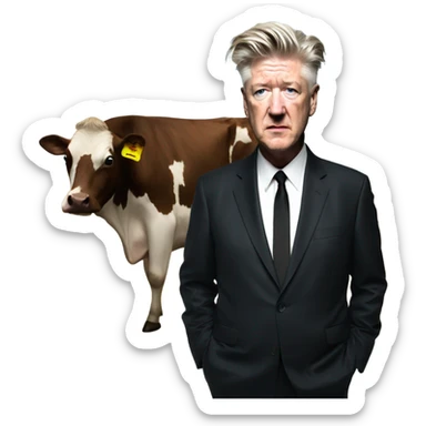 David Lynch with a cow sticker