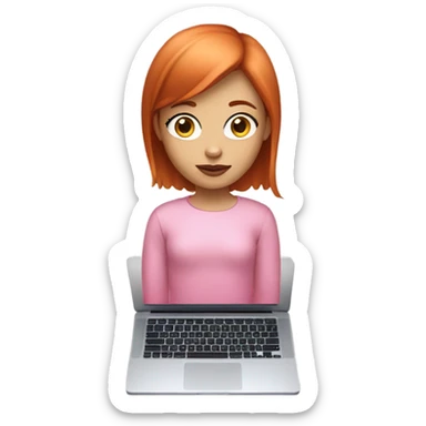 girl with straight short red hair, white skin, big pinky lips, big eyes, calm face, in pink clothes works on macbook sticker
