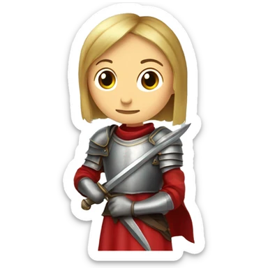 Joan of arc in medieval armor kneels, looking upward, with hands resting on a large sword. They're dressed in a red garment under the armor. sticker
