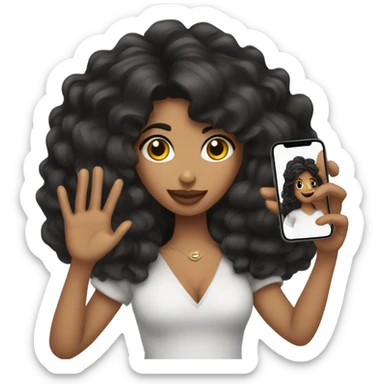 Chica morena con cabello rizado y ojos negros con iPhone 14 en la mano sticker