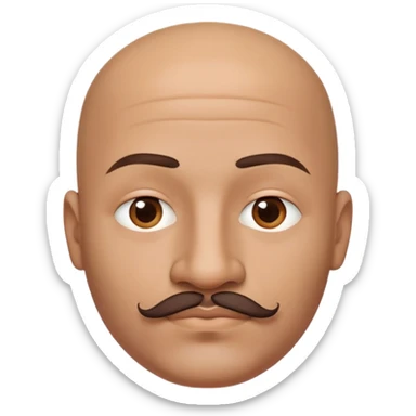 Bald man with oval smooth head, indigenous facial features, 37 years old, with only a mustache and contour from chin to lips, memoji style sticker