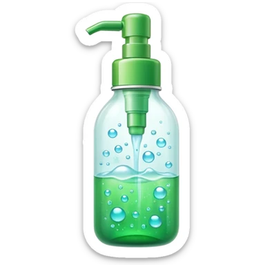 White and green pump bottle glowing with soft bubbles and sparkles. Surrounded by a dewy mist and green aura, symbolizing hydration and gentle cleansing. Potion-like, glossy, emoji-style sticker