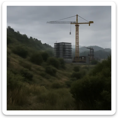  a scene amongst hills and bushes in the game DAYZ with a construction site and tall yellow crane in the background, screenshot, overcast day, videogame graphics, enfusion engine, arma 2 sticker