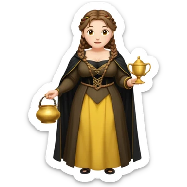 Helga Hufflepuff,brown-haired,2 braids,yellow-black medieval open dress,deep neckline,fat macromastia,black cloak decorated with gold braiding,gold cup with two handles,very kind smile,curvy busty sweet woman,round rosy cheeks,full length with medieval shoes sticker