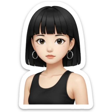 Korean girl, black tank top, black hair, black eyes, layered hair, cool girl, aesthetic, long hair, hime cut, blunt bangs, small silver hoop earrings sticker