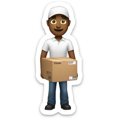White male delivery driver carrying an Amazon box sticker