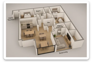 Create a hyperrealistic 3D floor plan based on the provided updated plan image. Include at least 6 different perspective views. The style should be elegant and contemporary with carefully curated furnishings: modern kitchen, dining table, living area with sofa and TV, service bathroom, and a 2.55 meter glass window in the marked position. No external background, only the 3D floor plan itself. sticker