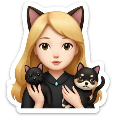 The girl is holding a black cat and a Shiba Inu sticker