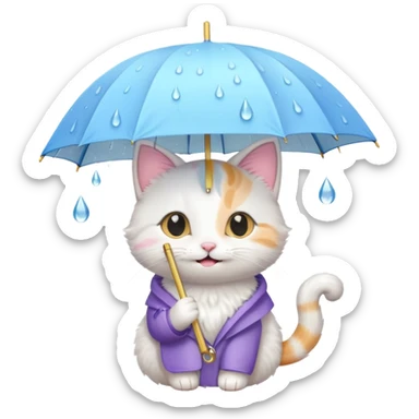 A cute cat holding a pastel umbrella, smiling while raindrops fall softly. sticker