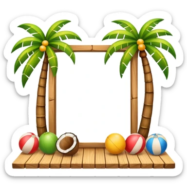 emoji style frame with summer theme, colorful balls, wooden planks, and coconut trees sticker