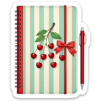 Cute vintage notebook cover, mint and cream vertical stripes, red spine
Hand-drawn cherries with leopard bow, playful feminine aesthetic
Flat illustration, clean composition, soft retro color palette sticker
