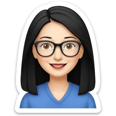 woman in her 50s, long straight black hair, wearing glasses, cheerful look sticker