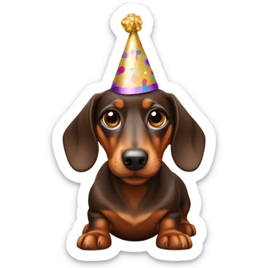 Miniature chocolate brown and tan dachshund wagging its tail wearing a party hat sticker